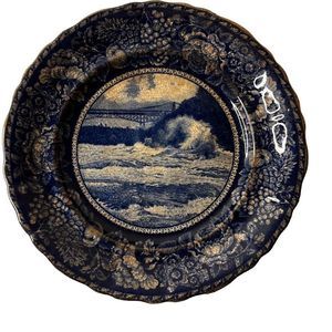 WHIRLPOOL RAPIDS Staffordshire England navy blue tan plate vintage‎